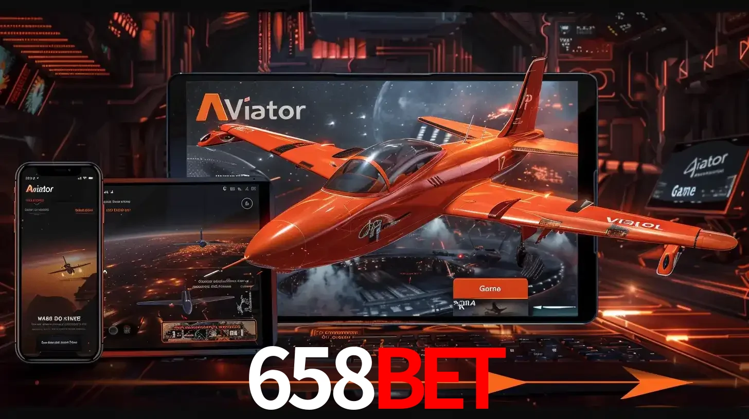 Apresentação tecnológica do jogo Aviator com um avião saindo da tela de um tablet, demonstrando a experiência imersiva em múltiplos dispositivos no 658BET.