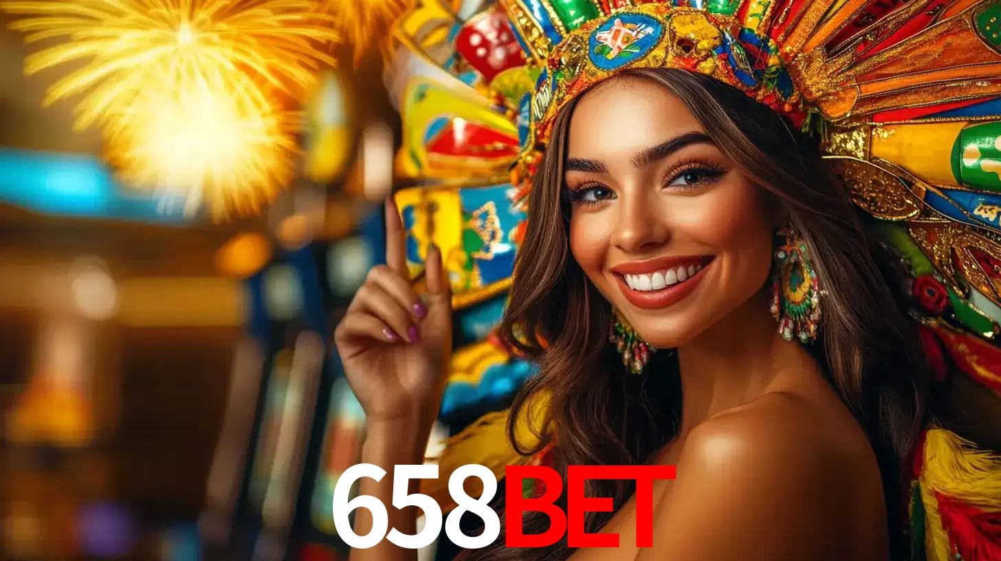 Mulher sorridente com um cocar de carnaval vibrante e colorido, celebrando uma grande vitória nos jogos do cassino 658BET com fogos de artifício ao fundo.