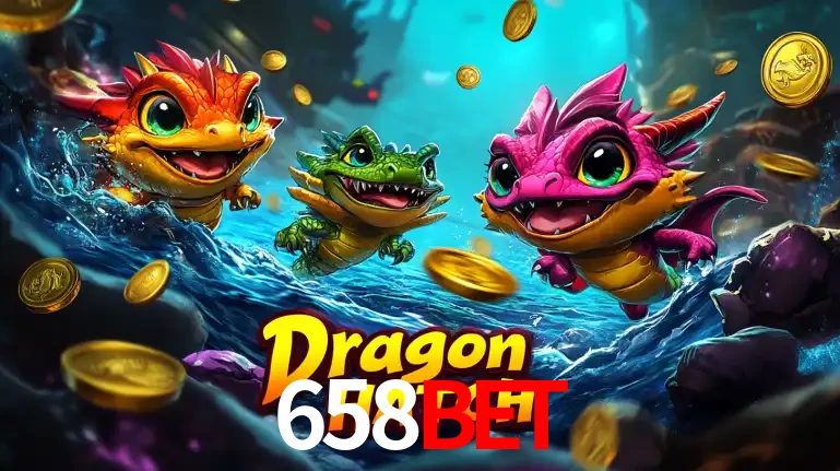 Arte promocional do jogo Dragon Hatch com três adoráveis dragões bebês nadando entre moedas de ouro, um dos slots mais divertidos para jogar no cassino 658BET.