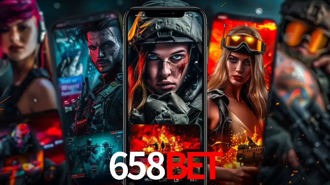 Montagem de telas de celular mostrando diversos personagens, masculinos e femininos, de um jogo de tiro, ilustrando a diversidade de equipes de e-sports para apostar no 658BET.