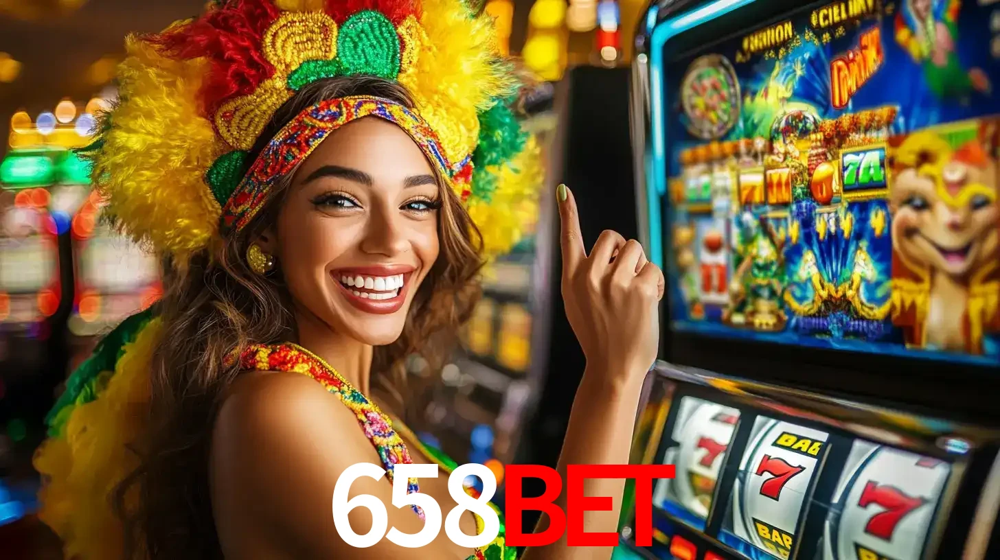 Mulher animada com um cocar de carnaval apontando para uma máquina de caça-níqueis, mostrando a emoção de ganhar um grande prêmio nos jogos do 658BET.