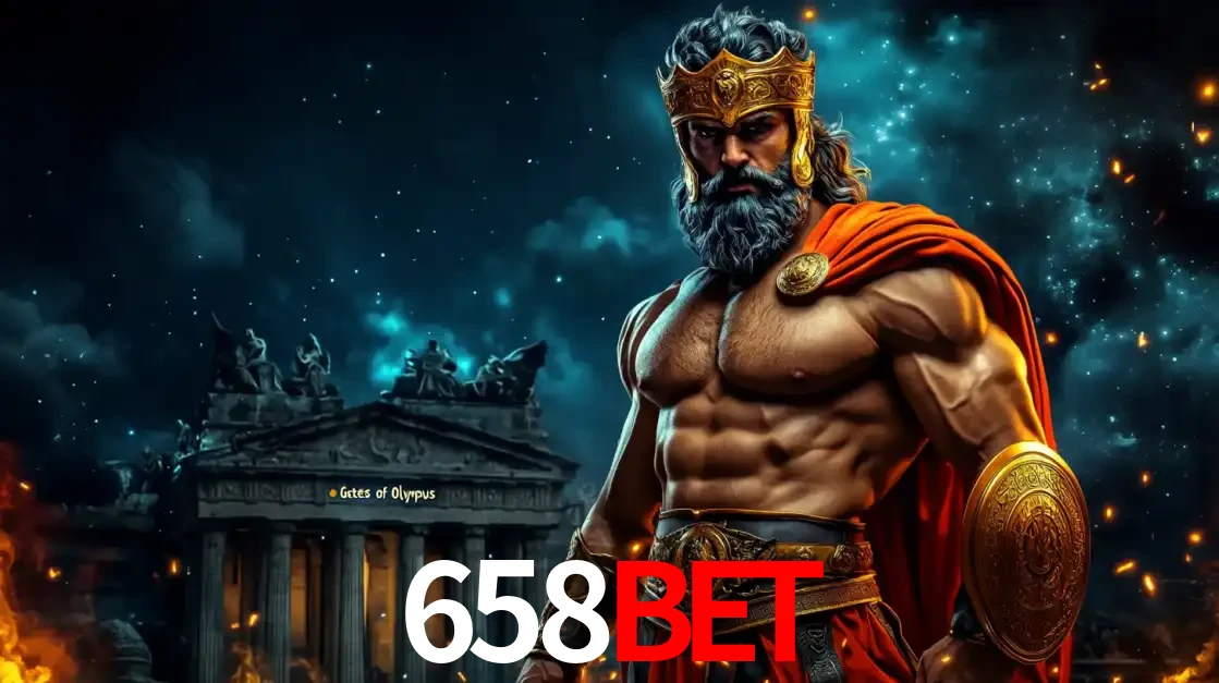 O poderoso Zeus do jogo de slot Gates of Olympus em frente ao seu templo, pronto para lançar multiplicadores divinos e prêmios épicos no cassino online 658BET.