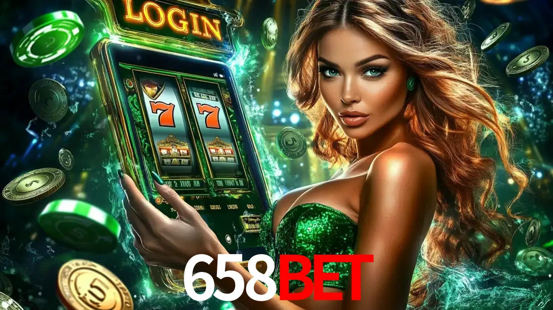 Mulher com tema verde apresentando o aplicativo do cassino 658BET com um jogo de slot de 777, cercada por fichas de cassino e uma aura de sorte.