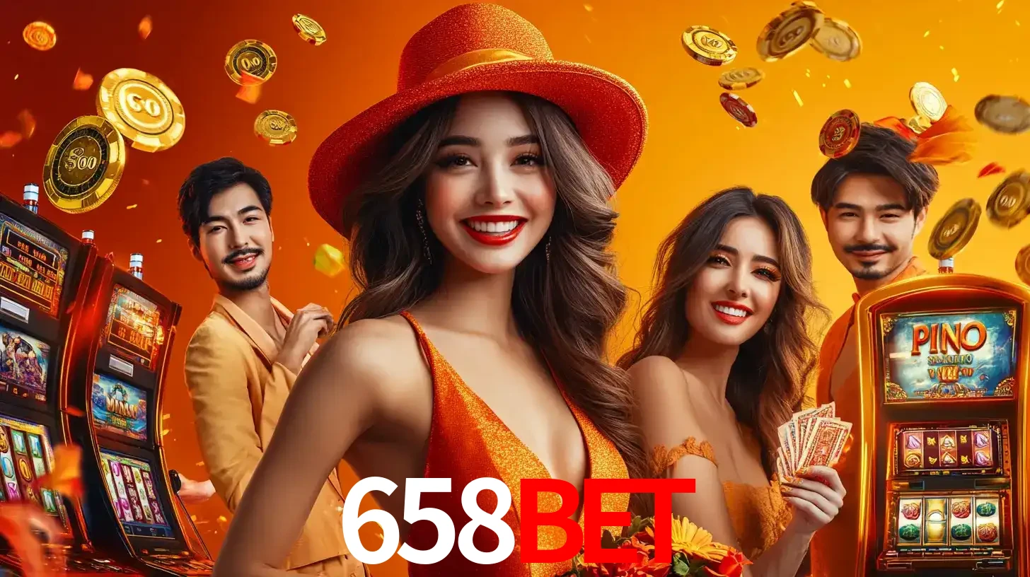Grupo de amigos asiáticos sorrindo e se divertindo com máquinas de caça-níqueis em um ambiente festivo, celebrando suas vitórias nos jogos de cassino do 658BET.