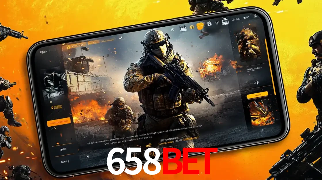 Um smartphone exibindo a interface de um jogo de tiro em primeira pessoa, com um soldado em um cenário de batalha, representando a ação dos e-sports para apostar no 658BET.