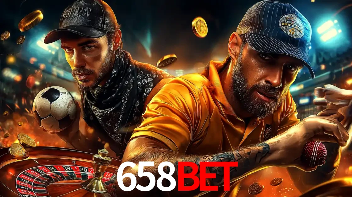 Montagem de apostas esportivas e cassino no 658BET, com um homem segurando uma bola de futebol e outro uma de beisebol sobre uma roleta e moedas voadoras.