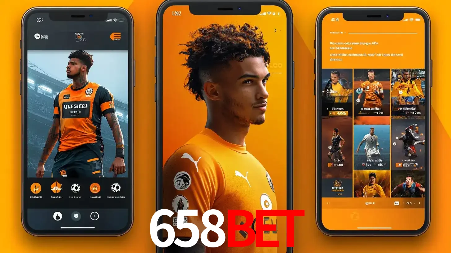 Interface do aplicativo de apostas esportivas 658BET em três telas de celular, mostrando o perfil de um jogador de futebol e a lista de jogos disponíveis para apostar.