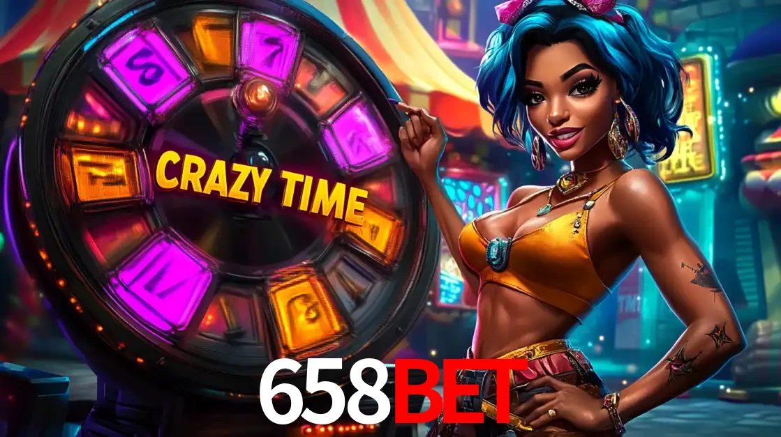 Mulher estilizada com cabelo azul e visual vibrante posando ao lado da roda de prêmios do game show Crazy Time, convidando para a diversão e os bônus do cassino 658BET.