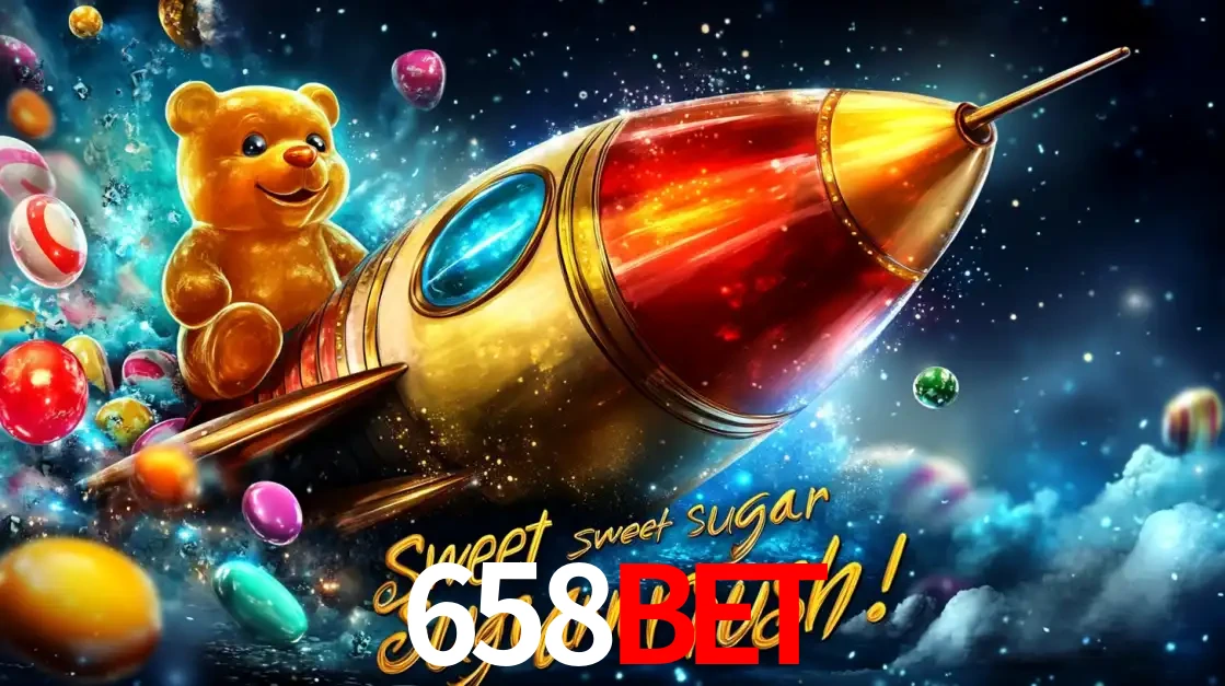 Arte promocional do jogo de slot Sugar Rush, com um urso de pelúcia em um foguete viajando pelo espaço de doces, um dos jogos divertidos disponíveis no cassino 658BET.