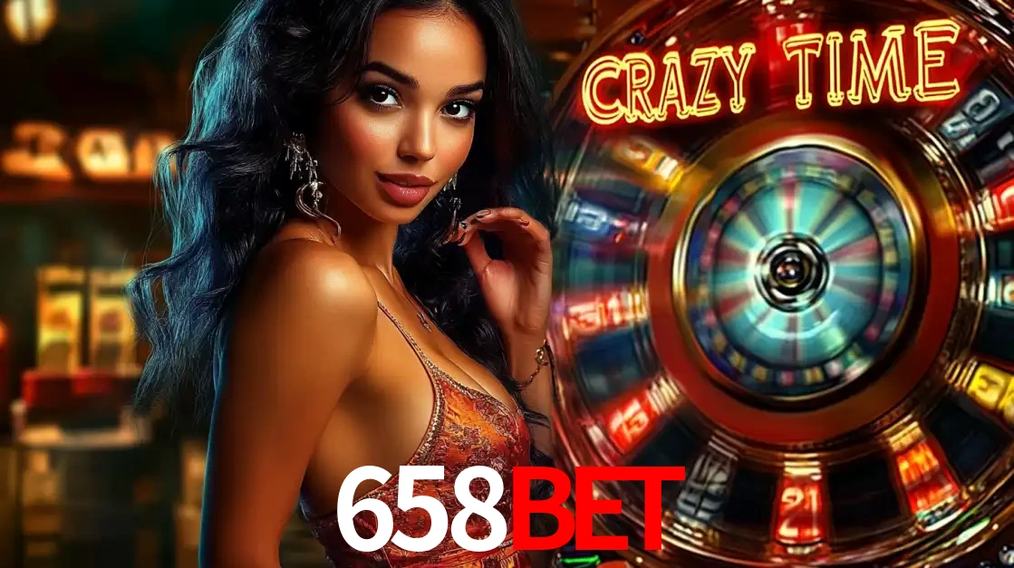 Mulher elegante ao lado da vibrante roda da fortuna do jogo de cassino ao vivo Crazy Time, um dos game shows mais populares e cheios de prêmios do 658BET.