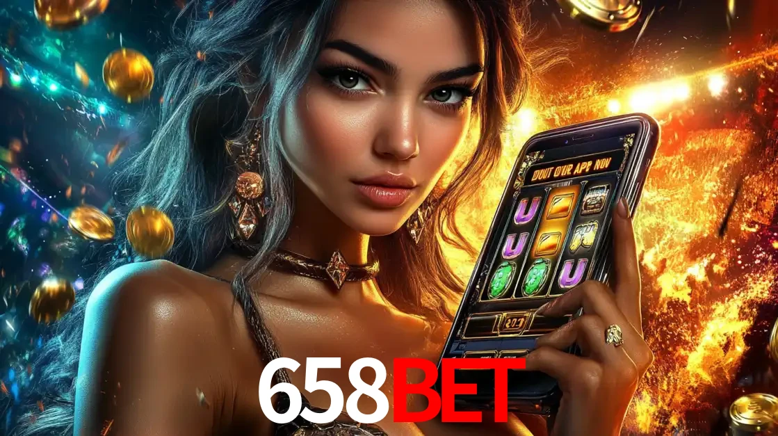 Mulher elegante mostrando um jogo de caça-níqueis em seu smartphone, destacando a experiência de cassino móvel oferecida pelo aplicativo 658BET.