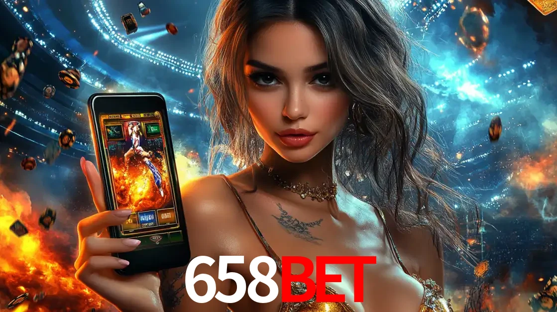 Mulher segurando um celular com um jogo de slot em destaque, tendo como fundo um estádio vibrante, simbolizando a emoção de jogar no cassino móvel 658BET.